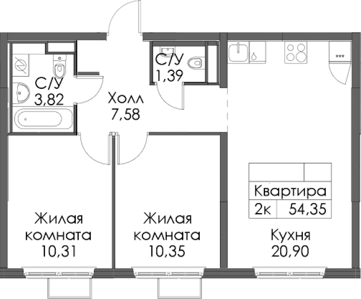 2-комнатная квартира 54.35 м², 8/12 эт., ЖК «Таллинский парк»